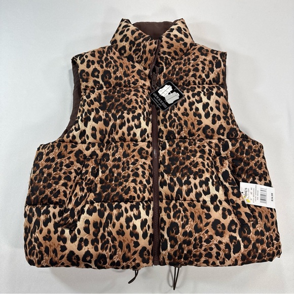 NWT Madden Girl Juniors Medium Reversible Puffer Vest Zip Cropped Leopard Print - Picture 1 of 9